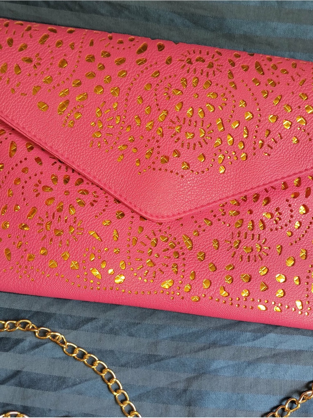 Bright Pink Laser-Cut Envelope Clutch with Gold Chain Strap